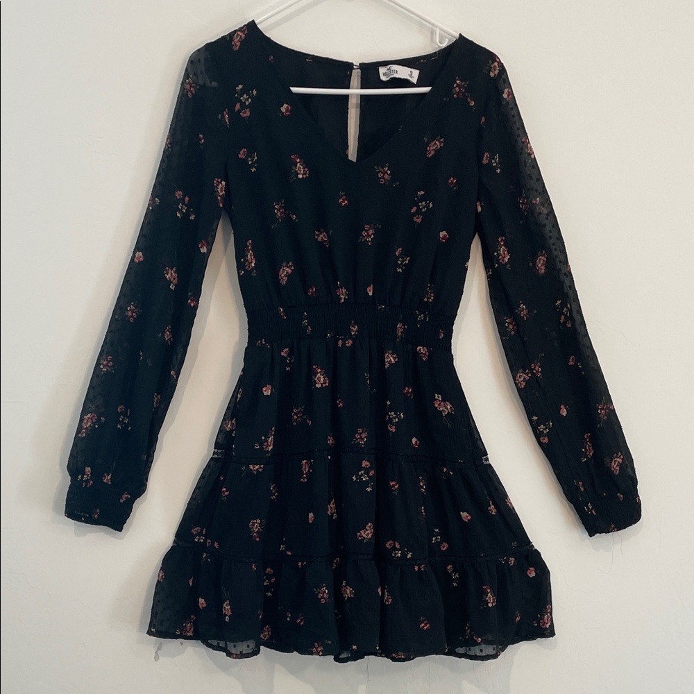 Hollister Black Floral Long with sheer Sleeves Dress size S